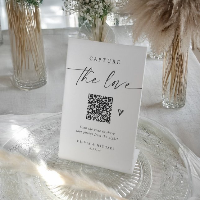Signe De Table Wedding QR Code Elegant Photo Sharing (Modern wedding QR code sign with elegant calligraphy and heart for guest photo sharing.)
