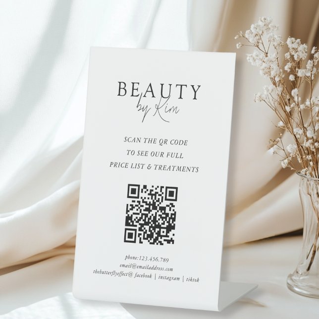 Signe De Table White & Black Minimal Elegant Salon QR-Code (White & Black Minimal Elegant Salon QR-Code Pedestal Sign)