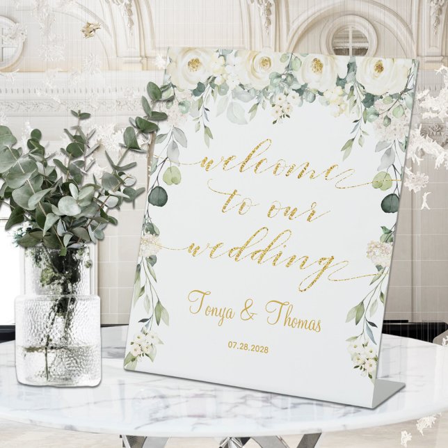 Signe De Table White Peony Gold Calligraphy Bienvenue Au Mariage (Créateur téléchargé)