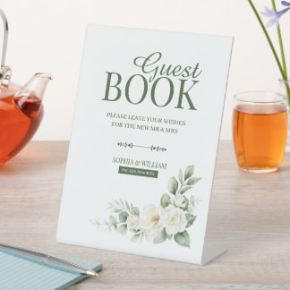 Signe De Table White Rose Greenery Guest Book Tabletop Sign