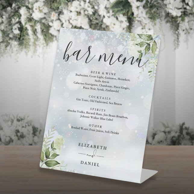 Signe De Table Winter Floral Greenery Bar Mariage Menu (Winter Floral Greenery Wedding Bar Menu Pedestal Sign)