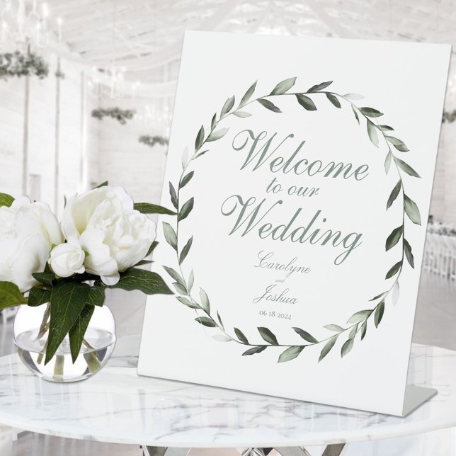 Signe De Table Wreath Olive Bienvenue À Notre Mariage Élégant (Créateur téléchargé)