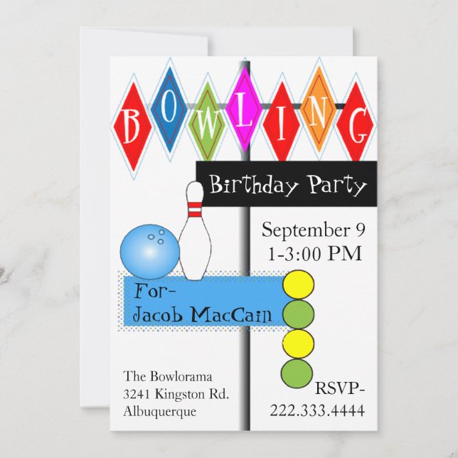 Signe Retro Bowling Invitation d'anniversaire (Devant)