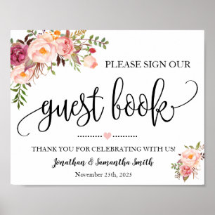Signez notre livre d'or shower mariage floral rose