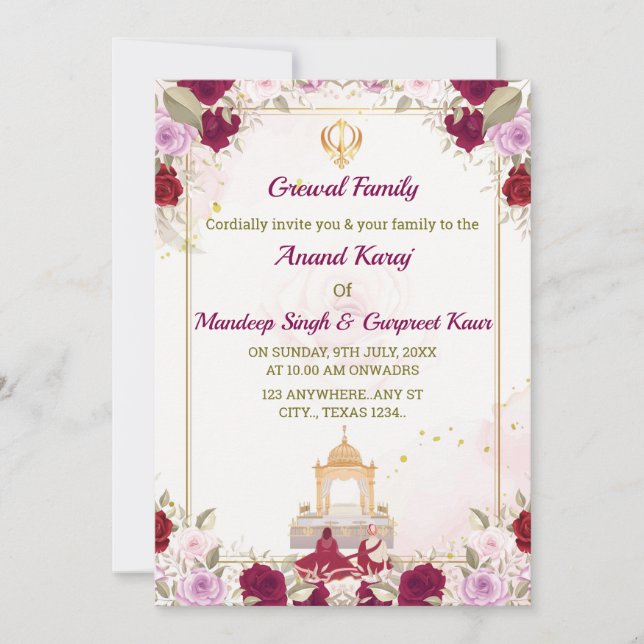 Sikh Faire-part de mariage, Anand Karaj Card, (Devant)