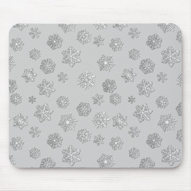 Silber 3-D Schneeflocken auf silberem Hintergrund Mousepad (Vorne)