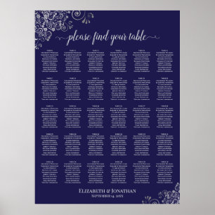Silber auf Marineblau 30-Tisch-Hochzeits-Sitzplan Poster