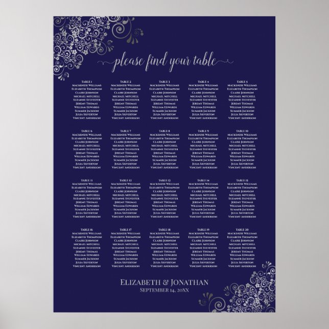Silber auf Navy Blue 20 Table Wedding Seating Char Poster (Vorne)