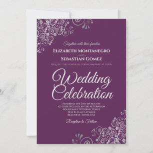 Silber auf Pflaumenpurpur Einfache Elegante Hochze Einladung