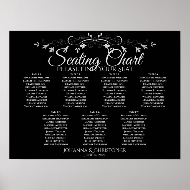 Silber auf Schwarz-Chic 7 Tabelle Hochzeitsdiagram Poster (Vorne)