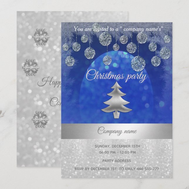Silber/Blau glitterte Weihnachtsgeschenk-Party Einladung (Vorne/Hinten)