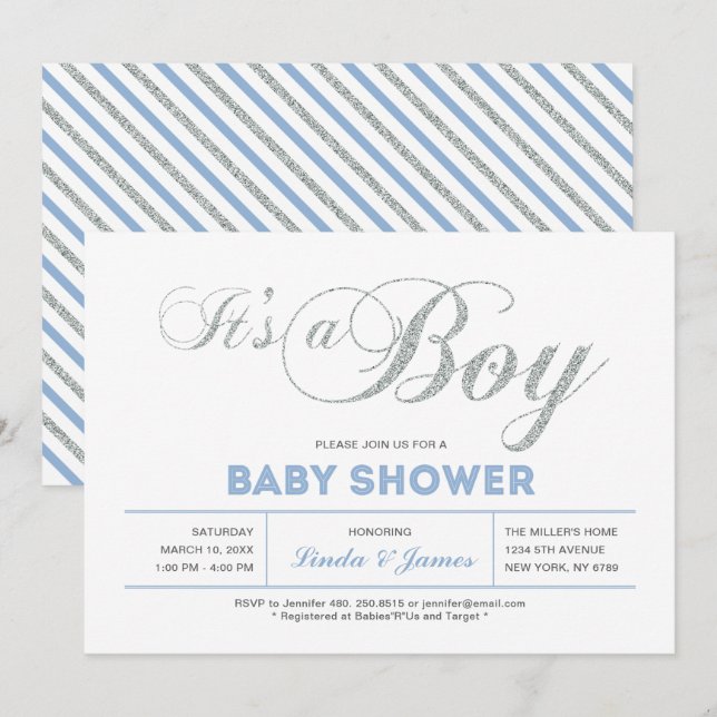 Silber, Blau | Moderne Typografie Kinderdusche Einladung (Vorne/Hinten)