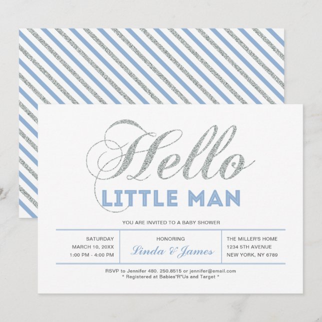 Silber, Blau | Moderne Typografie Kinderdusche Einladung (Vorne/Hinten)