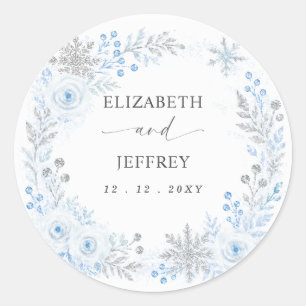 Silber Blaue Schneeflocken Florale Winterhochzeit Runder Aufkleber