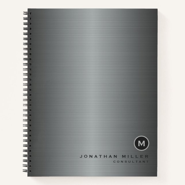 Silber Brushed Metal Simple Monogram Notizbuch (Vorderseite)