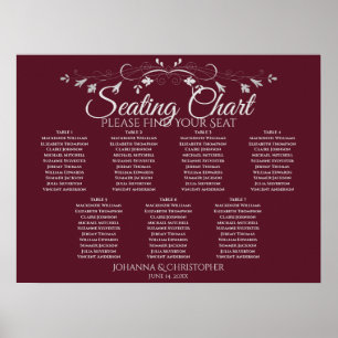 Silber-Burgund Chic 7-Tisch-Hochzeits-Sitzplan Poster