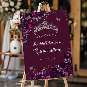 Silber-Burgunder-Rosen-Quinceanera-Schild Willkomm Poster