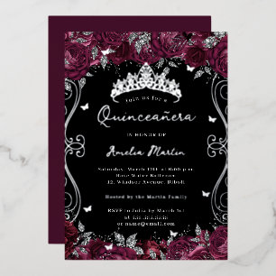 Silber-Burgunder-Swirr-Rollen-Blumen-Quinceanera Folieneinladung