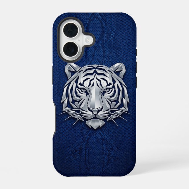 Silber Chrome Geometrischer Tiger Blau Python iPho iPhone 16 Hülle (Rückseite)