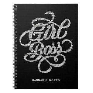 Silber-Diamant-Glamour-Chefin-Typografie Schwarz Notizblock