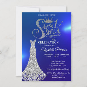 Silber Diamanten Kleid, Diamanten Blau Sweet 16 Einladung