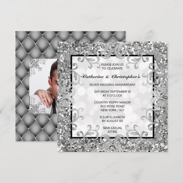 Silber floral wirbeln Glitzer Quarrefolie DIY Foto Einladung (Vorne/Hinten)