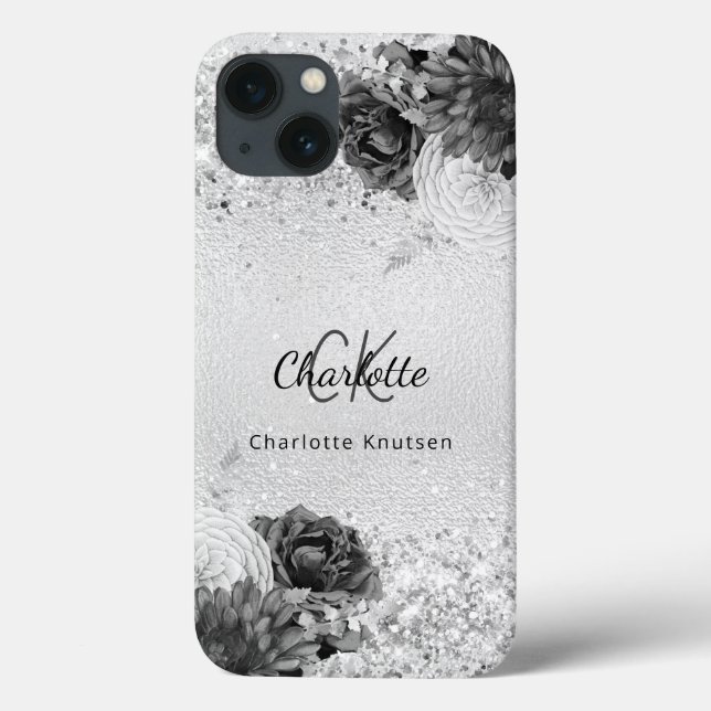 Silber florale elegante Monogramm-Bezeichnung Case-Mate iPhone Hülle (Rückseite)