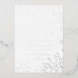 Silber Foil Floral Boy or Girl Taufe Silber Folieneinladung