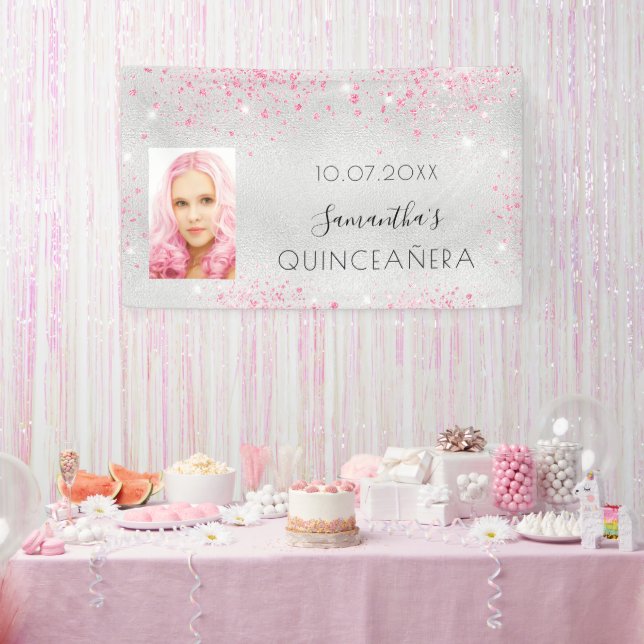 Silber-Foto aus Quinceanera lila Glitzer Monogramm Banner (Party)