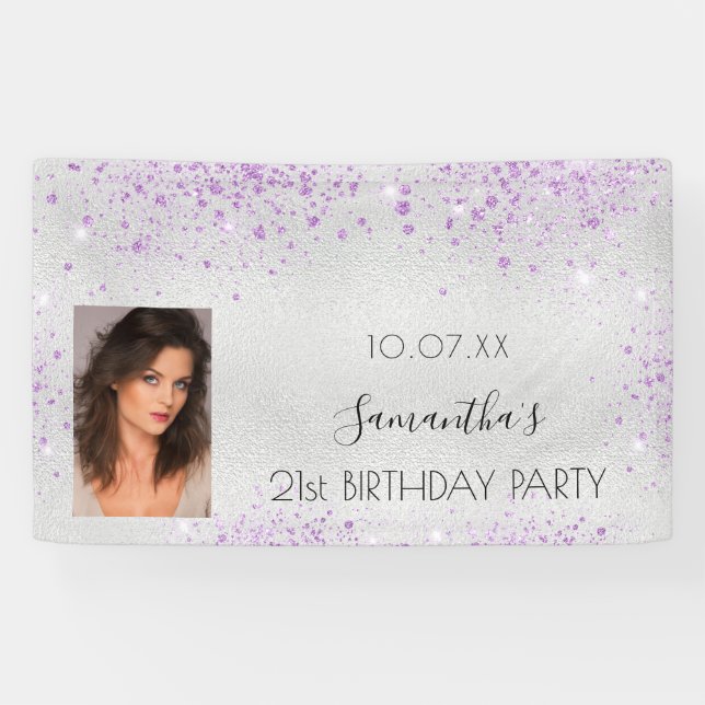 Silber-Foto lila Glitzer Monogramm Banner (Horizontal)
