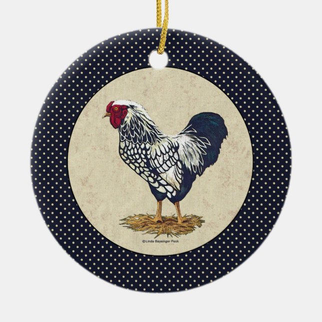 Silber geschnürtes Wyandotte Hahn-Denim Keramikornament (Vorne)