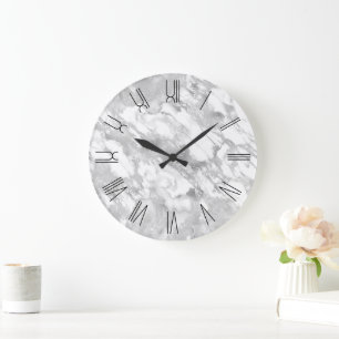Silber Glam Marmor Retro Römische Ziffern Große Wanduhr
