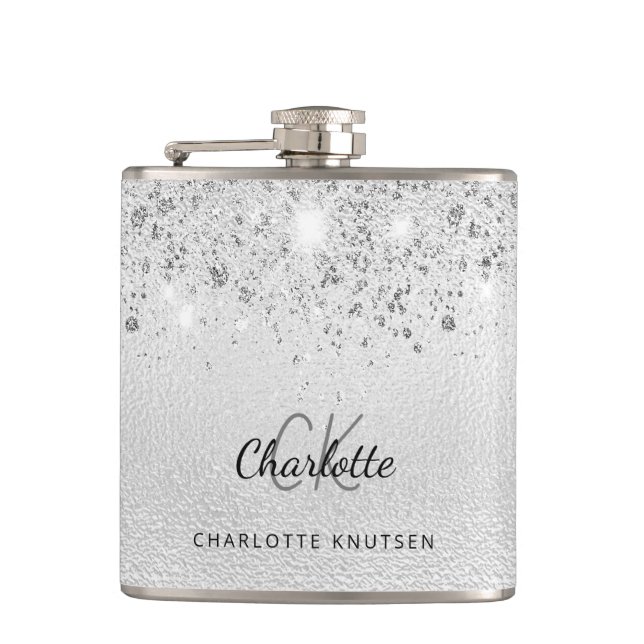 Silber-Glitter-Besten-Freundinnen-Monogramm Flachmann (Vorderseite)