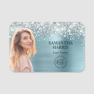Silber Glitter Blau Folie Ausschnitt Foto und Logo Namensschild
