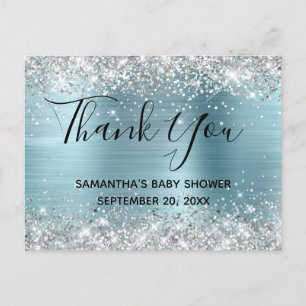 Silber Glitter Blau Folie Baby Shower Dankeschön Postkarte