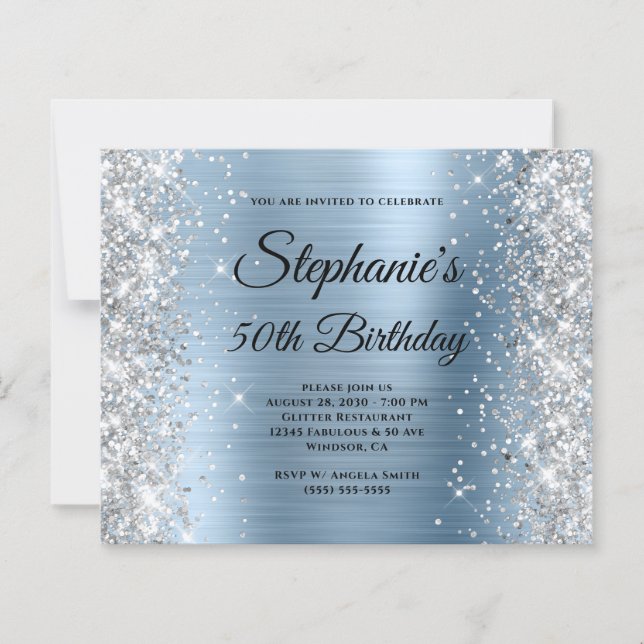 Silber Glitter Blau Folie Monogramm 50. Geburtstag (Vorderseite)