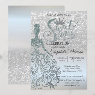 Silber Glitter Bokeh Ombre, Kleid, Tiara, Sweet 16 Einladung