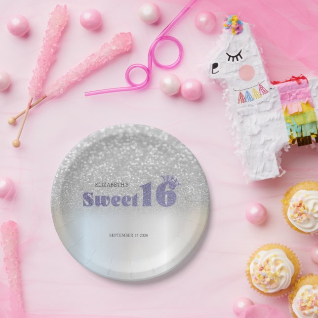 Silber Glitter Bokeh Sweet 16 Krone Pappteller (Party)