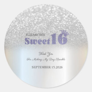 Silber Glitter Bokeh Sweet 16 Krone Runder Aufkleber