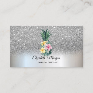 Silber Glitter Elegante Ananas Tropische Blumen Visitenkarte