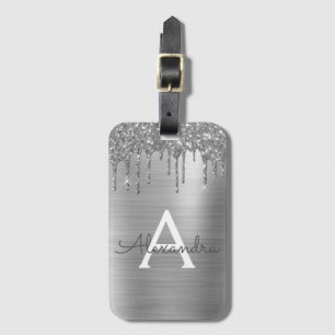 Silber Glitter Gebürstetes Metall Monogramm Name Gepäckanhänger
