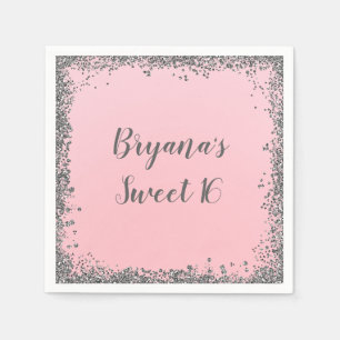Silber Glitter Glam Edge Sweet 16 Benutzerdefinier Serviette