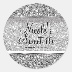 Silber Glitter Glam Sweet 16 individuelle Partyges Runder Aufkleber