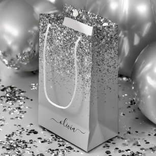 Silber Glitter Glanz Metall Monogramm Name Kleine Geschenktüte