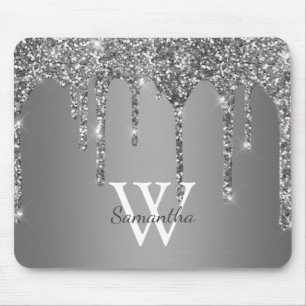 Silber Glitter Glanz Tropfen Folie Monogramm Name Mousepad