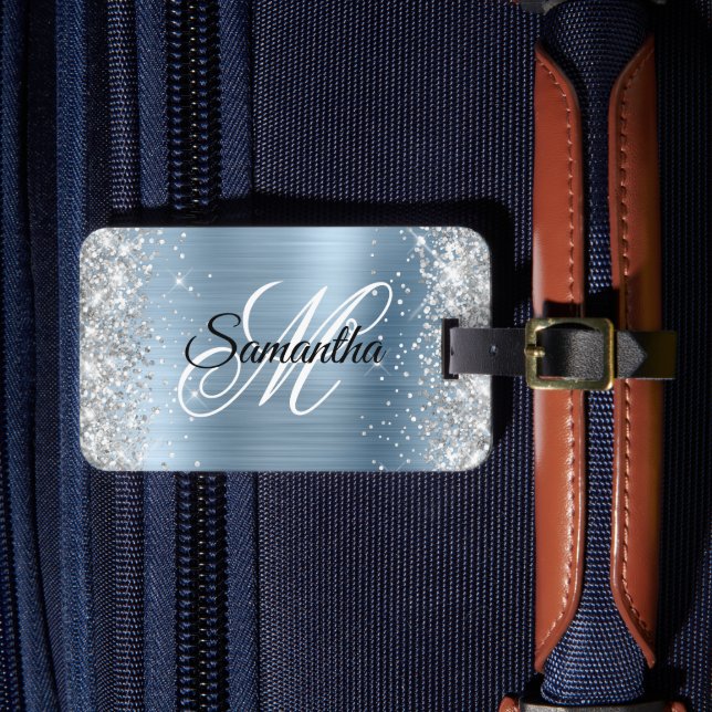 Silber Glitter Hellblau Folie Fancy Monogramm Gepäckanhänger (Vorderseite Insitu 4)