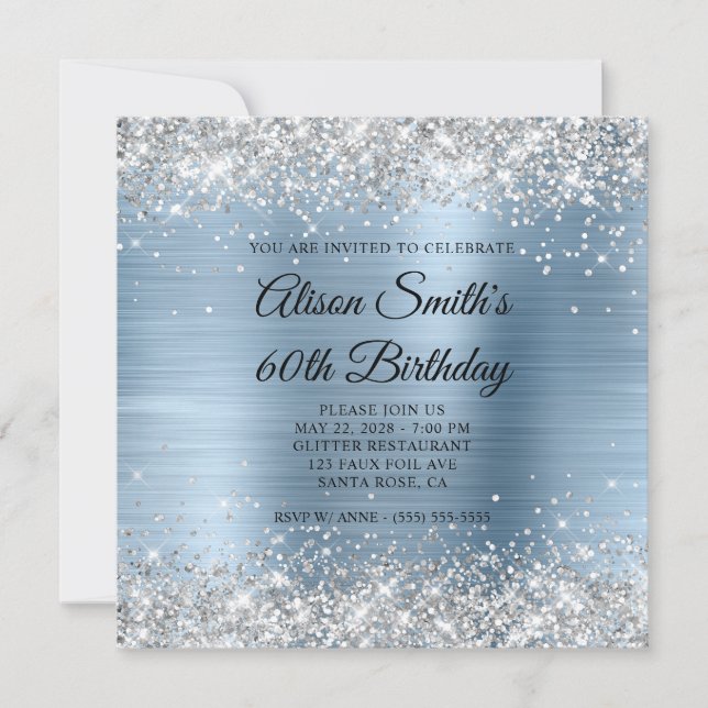 Silber Glitter Hellblau Monogramm 60. Geburtstag Einladung (Vorderseite)