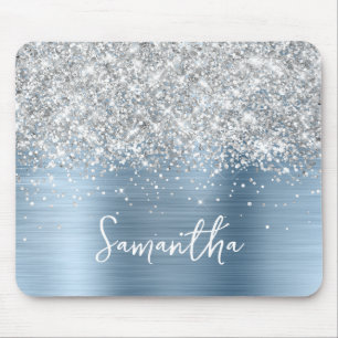 Silber Glitter Hellblauer Glam Name Mousepad