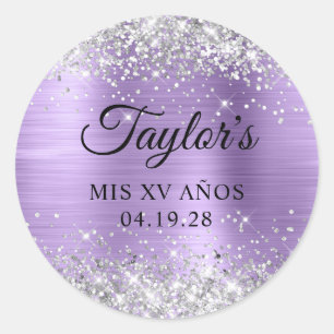 Silber Glitter Helllila Folie Mis XV Anos Runder Aufkleber