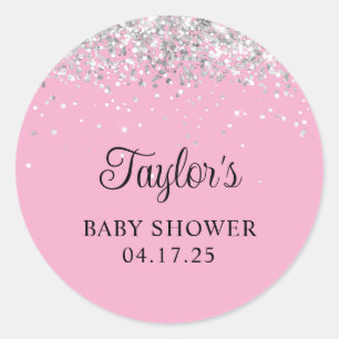 Silber Glitter Hellrosa Babyparty Runder Aufkleber